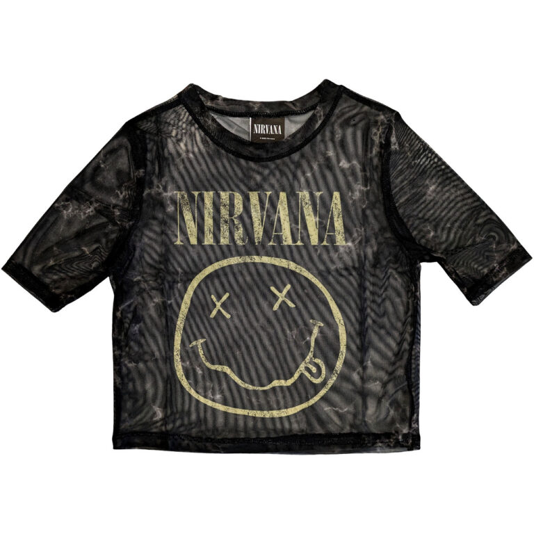 Nirvana Ladies Mesh Crop Top: Yellow Happy Face Black T-Shirt