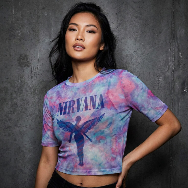 Nirvana Ladies Mesh Crop Top: Angelic Blue Mono White T-Shirt