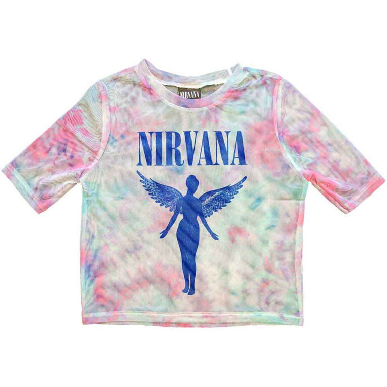 Nirvana Ladies Mesh Crop Top: Angelic Blue Mono White T-Shirt