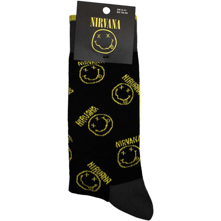 Nirvana Yellow Happy Face Pattern (Black) (UK Size 6 – 11) Socks