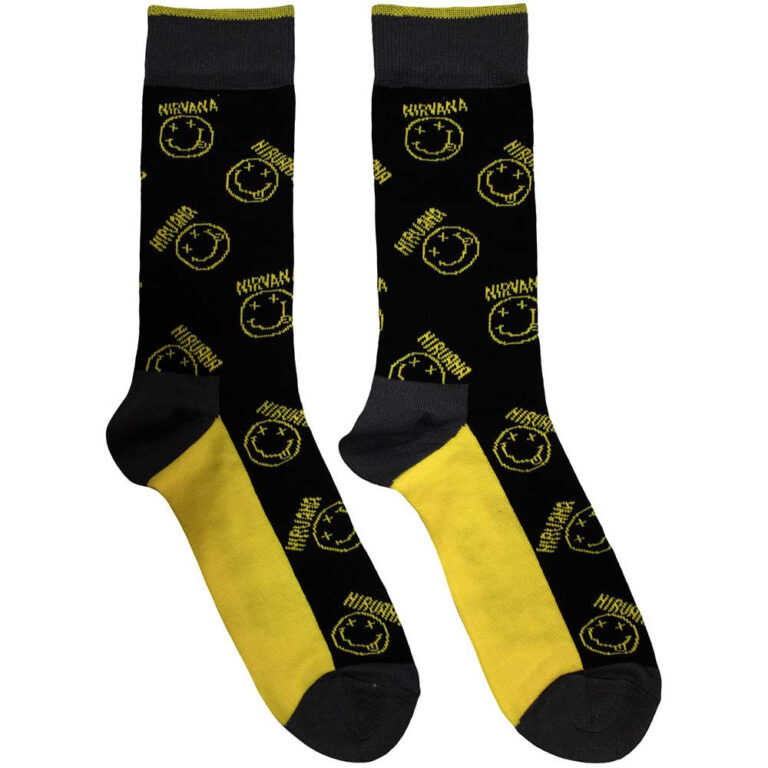 Nirvana Yellow Happy Face Pattern (Black) (UK Size 6 – 11) Socks