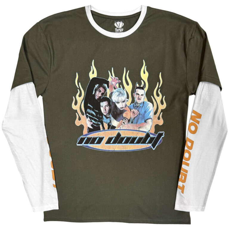 No Doubt Unisex 2 In 1 Layered Long Sleeve T-Shirt: Flames Green & White Sleeve Print T-Shirt