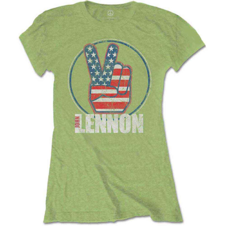 John Lennon Peace Fingers US Flag Kiwi Green Ladies T-Shirt