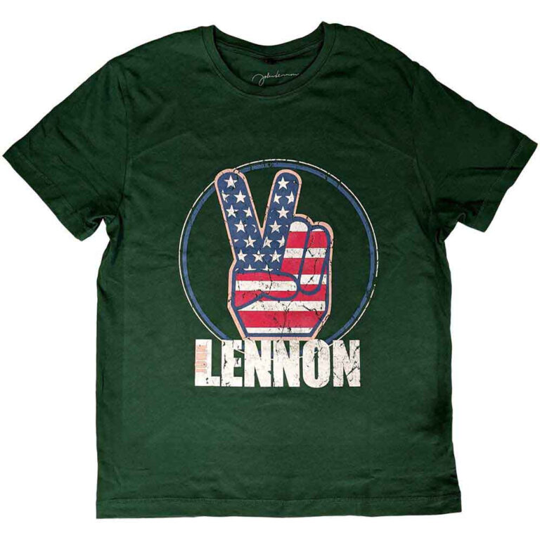 John Lennon Peace Fingers US Flag Green T-Shirt