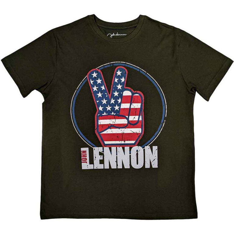 John Lennon Peace Fingers US Flag Military Green T-Shirt