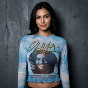 Olivia Newton-John Ladies Long Sleeve Mesh Crop Top: Circle Photo Light Blue T-Shirt