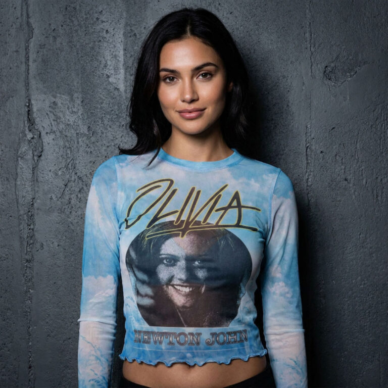 Olivia Newton-John Ladies Long Sleeve Mesh Crop Top: Circle Photo Light Blue T-Shirt