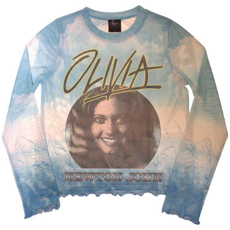 Olivia Newton-John Ladies Long Sleeve Mesh Crop Top: Circle Photo Light Blue T-Shirt