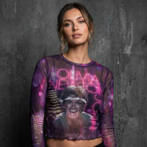 Olivia Newton-John Ladies Long Sleeve Mesh Crop Top: Physical Purple T-Shirt