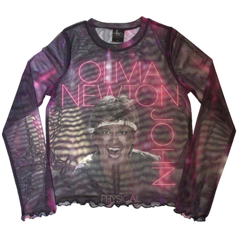 Olivia Newton-John Ladies Long Sleeve Mesh Crop Top: Physical Purple T-Shirt