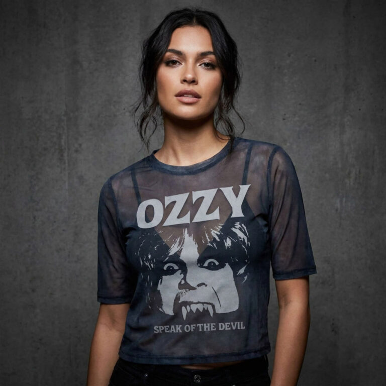 Ozzy Osbourne Ladies Mesh Crop Top: Speak Of The Devil Navy Blue T-Shirt