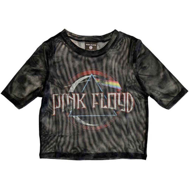 Pink Floyd Ladies Mesh Crop Top: Vintage Dark Side of the Moon Seal Black T-Shirt
