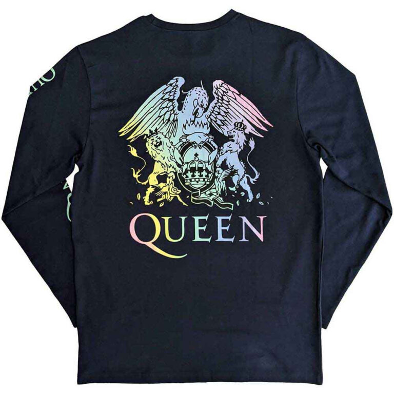 Queen Rainbow Crest Denim Blue Back & Sleeve Print Long Sleeve T-Shirt