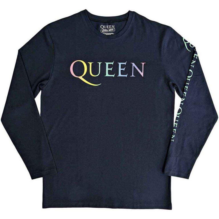 Queen Rainbow Crest Denim Blue Back & Sleeve Print Long Sleeve T-Shirt