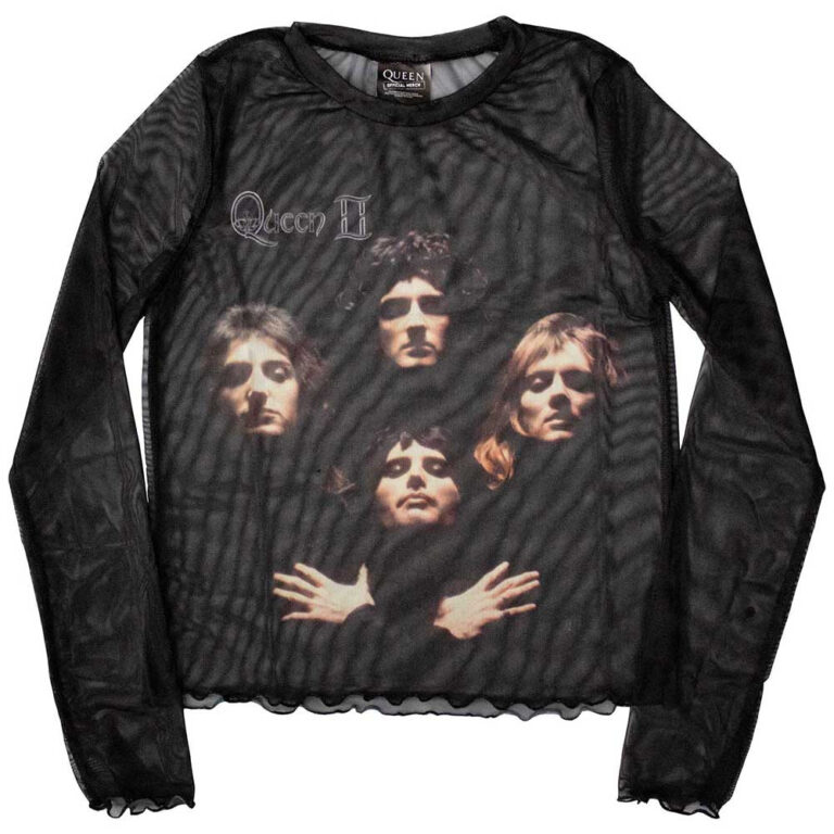 Queen Ladies Long Sleeve Mesh Crop Top: Bo Rhap Classic Black T-Shirt