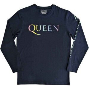 Queen Rainbow Crest Denim Blue Back & Sleeve Print Long Sleeve T-Shirt