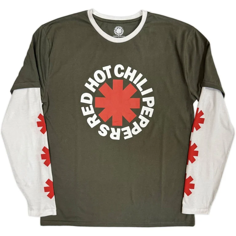 Red Hot Chili Peppers Unisex 2 In 1 Layered Long Sleeve T-Shirt: Classic Asterisk Green & White Sleeve Print T-Shirt