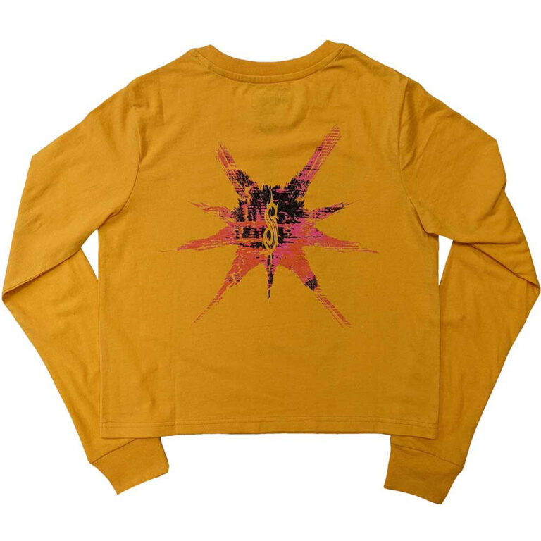 Slipknot Ladies Long Sleeve Crop Top: The End, So Far Barcode Yellow Back Print T-Shirt