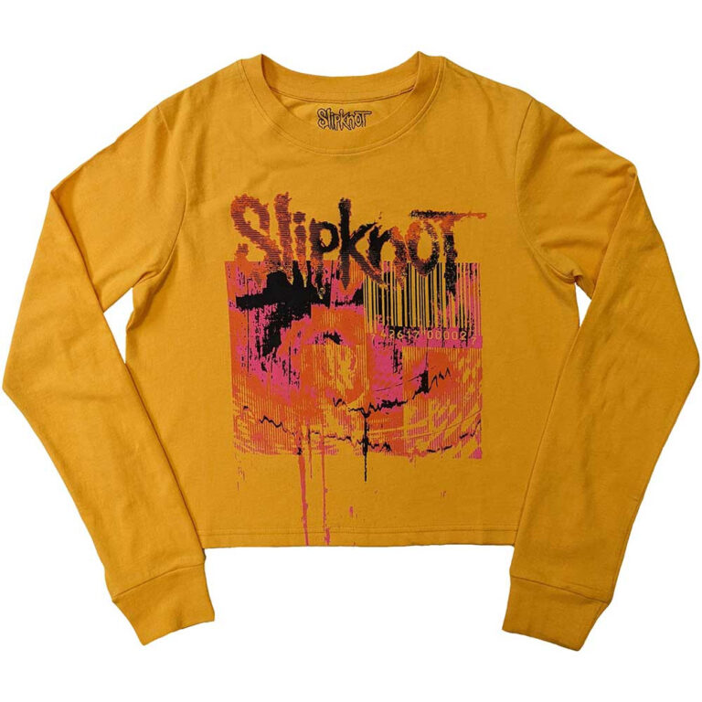 Slipknot Ladies Long Sleeve Crop Top: The End, So Far Barcode Yellow Back Print T-Shirt