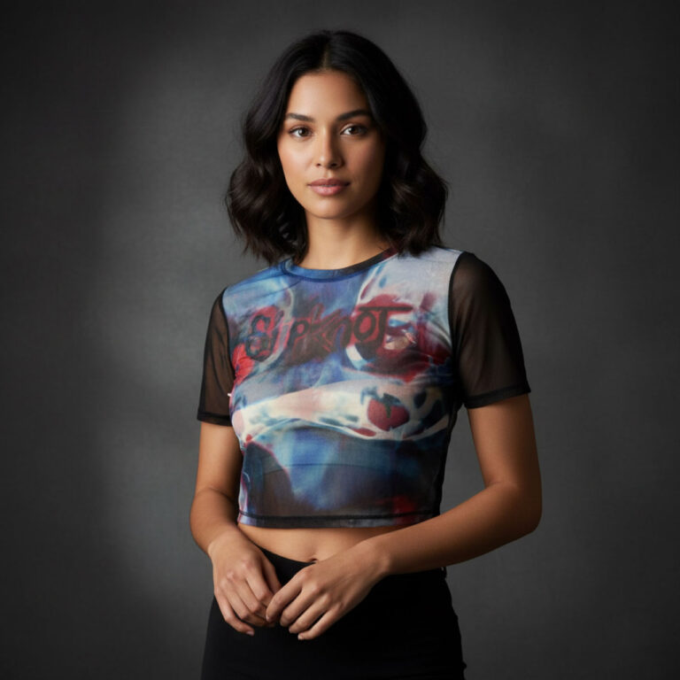 Slipknot Ladies Mesh Crop Top: Face & Logo Black T-Shirt