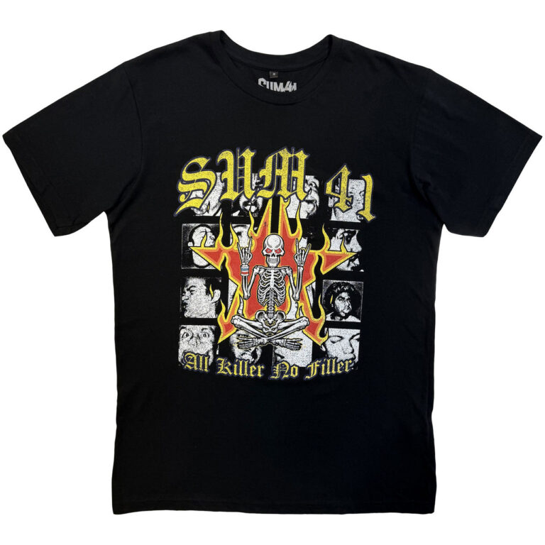 Sum 41 Unisex Premium Carbon T-Shirt: All Killer No Filler Tracklist Black Back Print T-Shirt