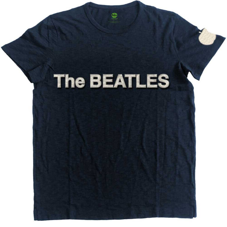 The Beatles Logo & Apple App Slub Applique Navy Blue Embellished T-Shirt