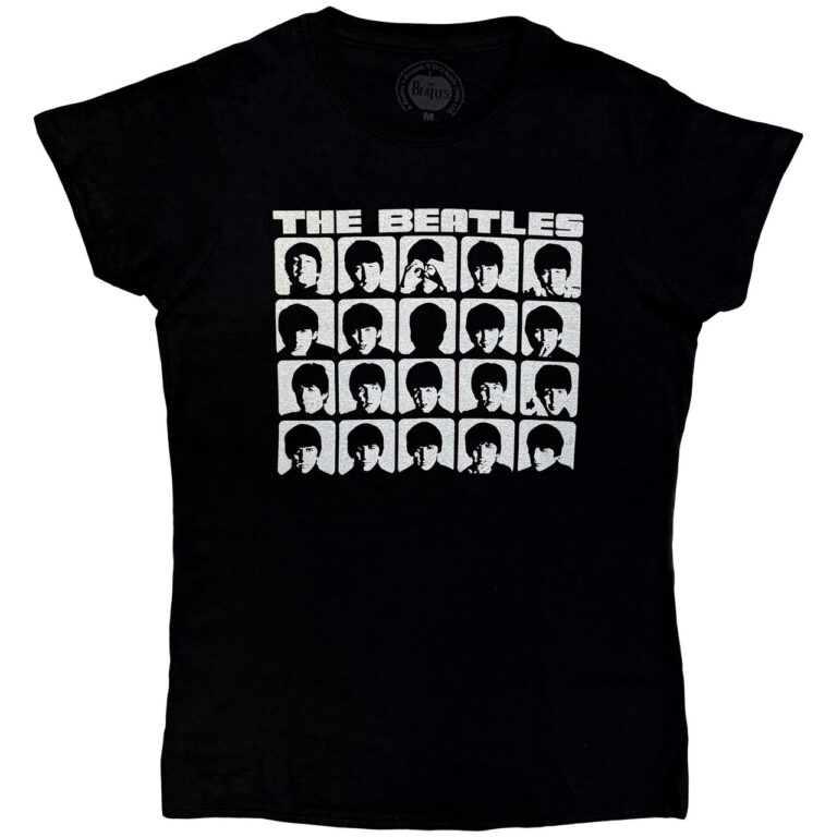The Beatles Hard Days Night Faces Mono Black Ladies T-Shirt