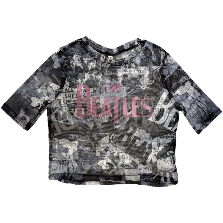 The Beatles Ladies Mesh Crop Top: All-Over-Print & Drop T Logo White T-Shirt