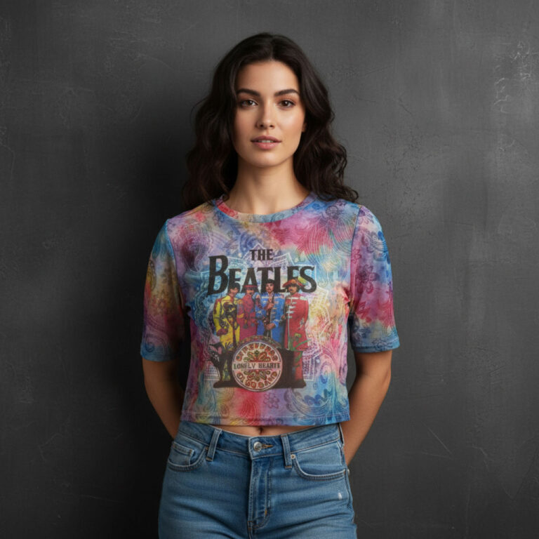 The Beatles Ladies Mesh Crop Top: Sgt Pepper White T-Shirt