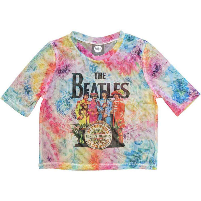 The Beatles Ladies Mesh Crop Top: Sgt Pepper White T-Shirt
