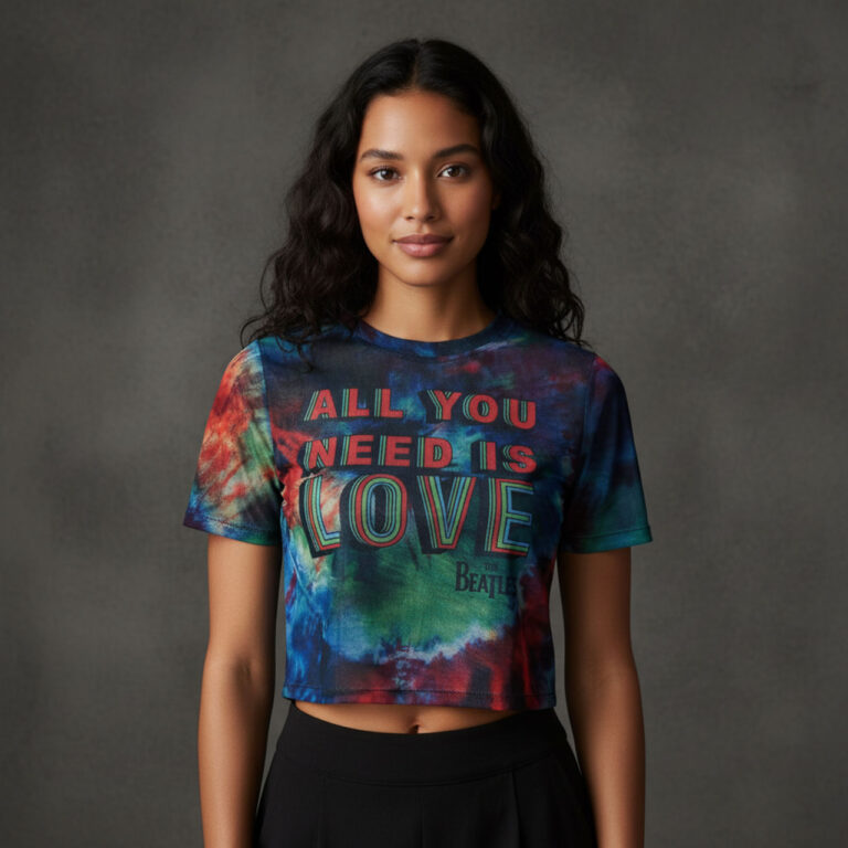 The Beatles Ladies Mesh Crop Top: All You Need Is Love Blue T-Shirt