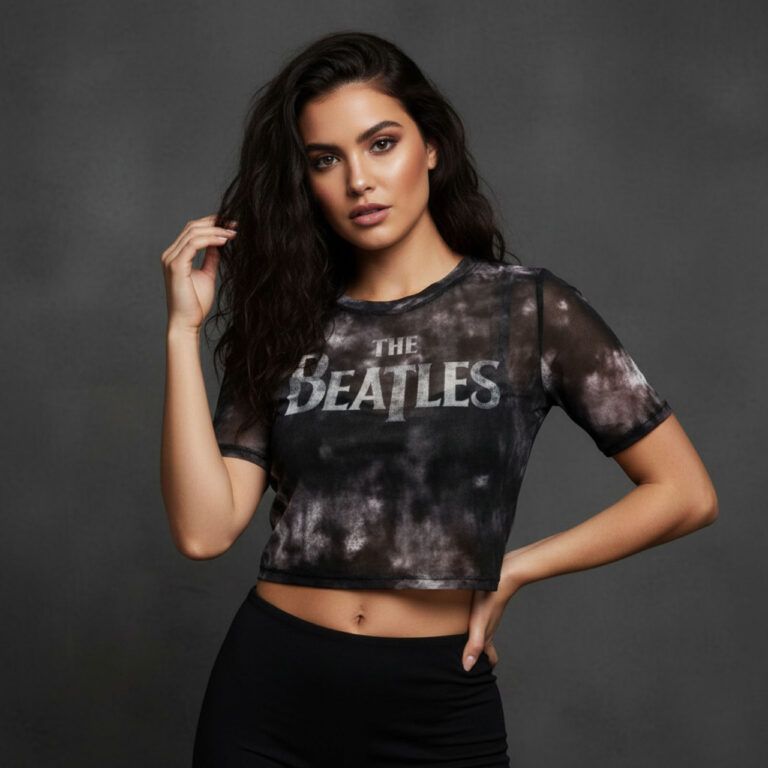 The Beatles Ladies Mesh Crop Top: Drop T Logo Black T-Shirt
