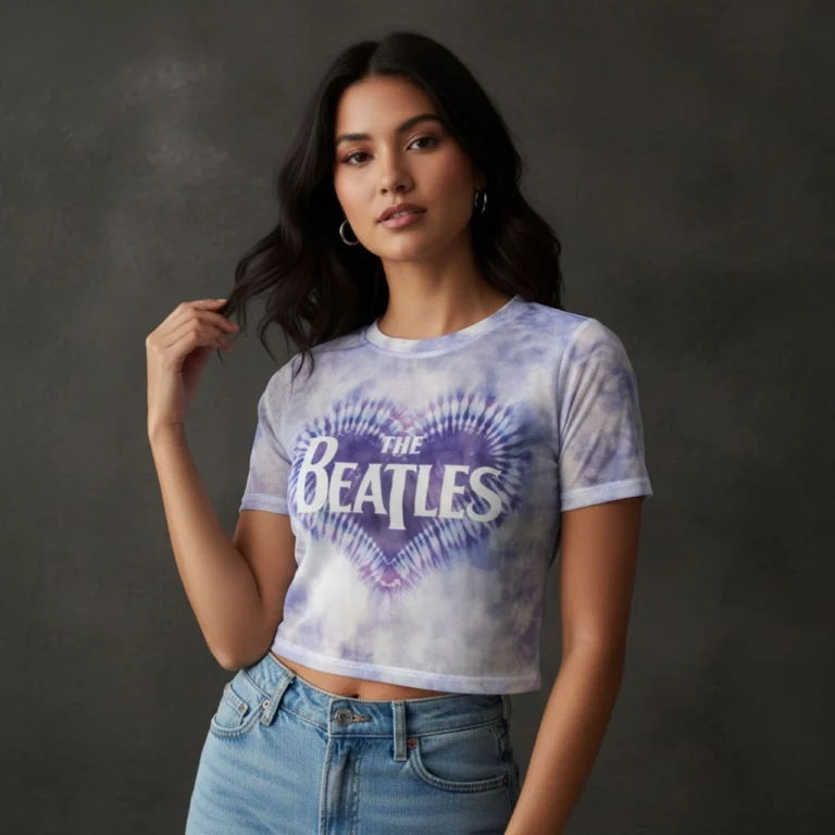 The Beatles Ladies Mesh Crop Top: Heart & Drop T Logo White T-Shirt