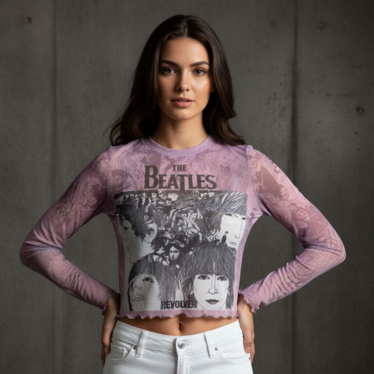 The Beatles Ladies Long Sleeve Mesh Crop Top: Revolver Pink T-Shirt