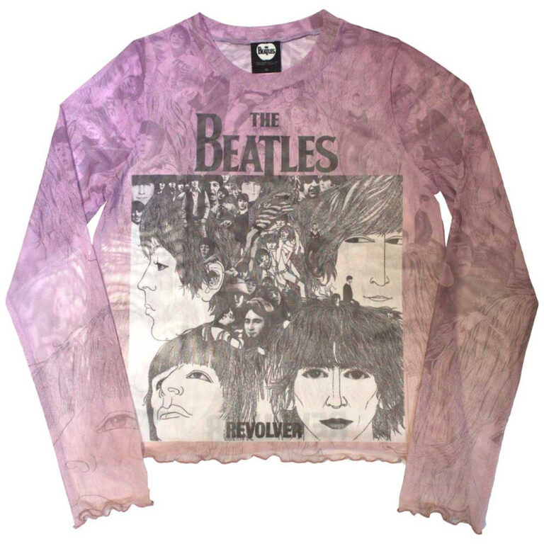 The Beatles Ladies Long Sleeve Mesh Crop Top: Revolver Pink T-Shirt