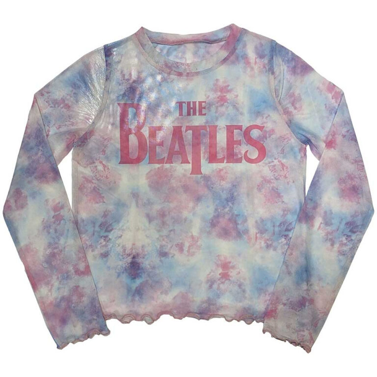 The Beatles Ladies Long Sleeve Mesh Crop Top: Drop T Logo White T-Shirt