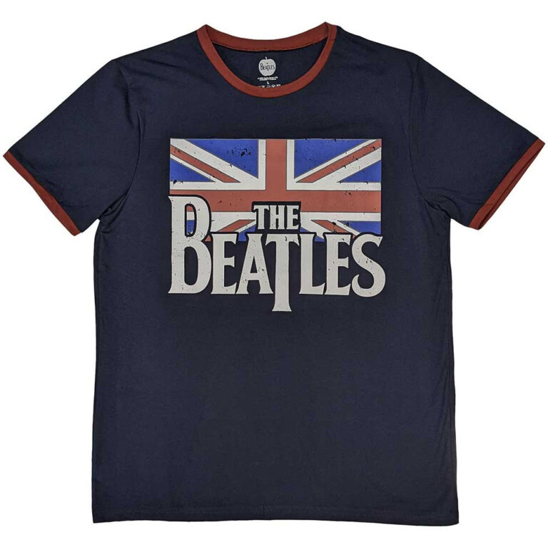 The Beatles Drop T Logo & Vintage Flag Navy Blue Ringer T-Shirt