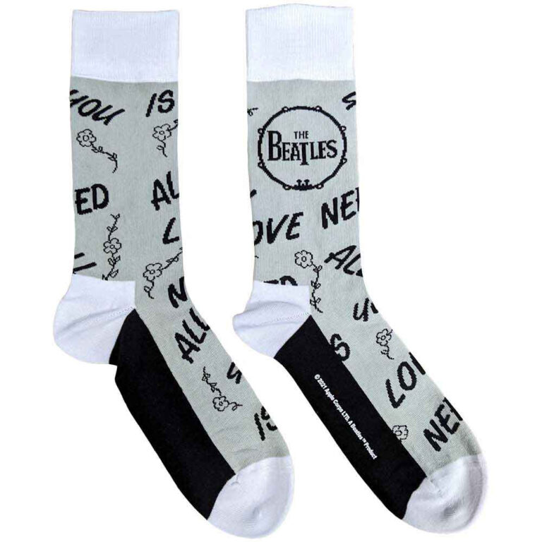 The Beatles Unisex All You Need Is Love & Drum Grey UK Size 7 – 11 Socks