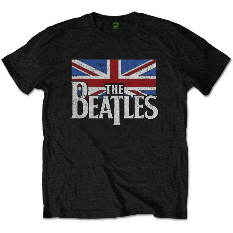 The Beatles Drop T Logo & Vintage Flag Black Kids T-Shirt