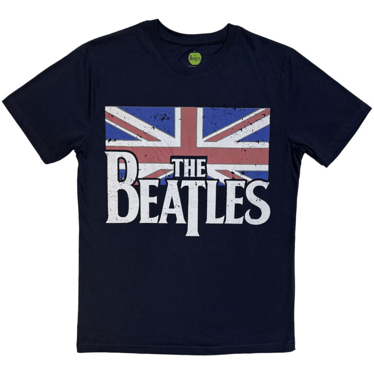 The Beatles Drop T Logo & Vintage Flag Navy Blue T-Shirt