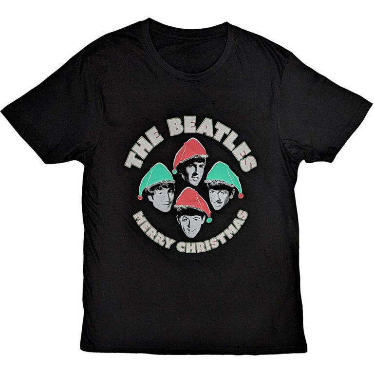 The Beatles Christmas Hats Black T-Shirt