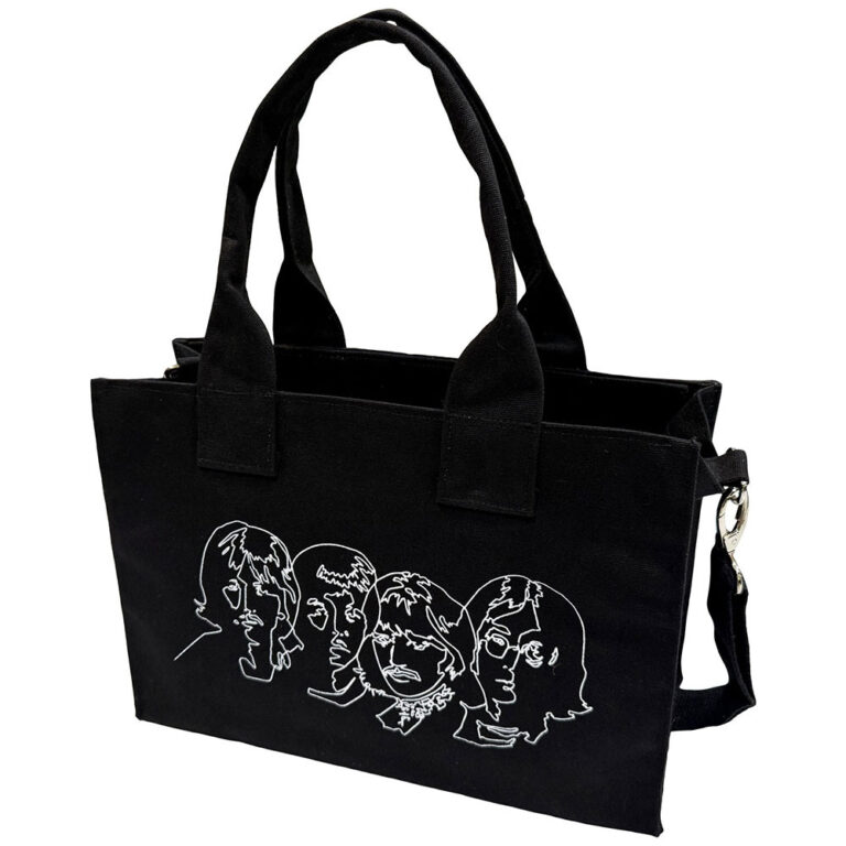 The Beatles White Album Faces & Apple Black Back Print Tote Bag