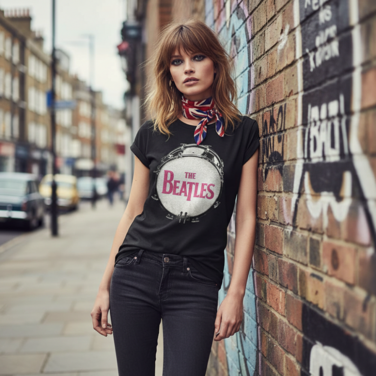 The Beatles Drum Fuchsia Glitter Black Embellished Ladies T-Shirt