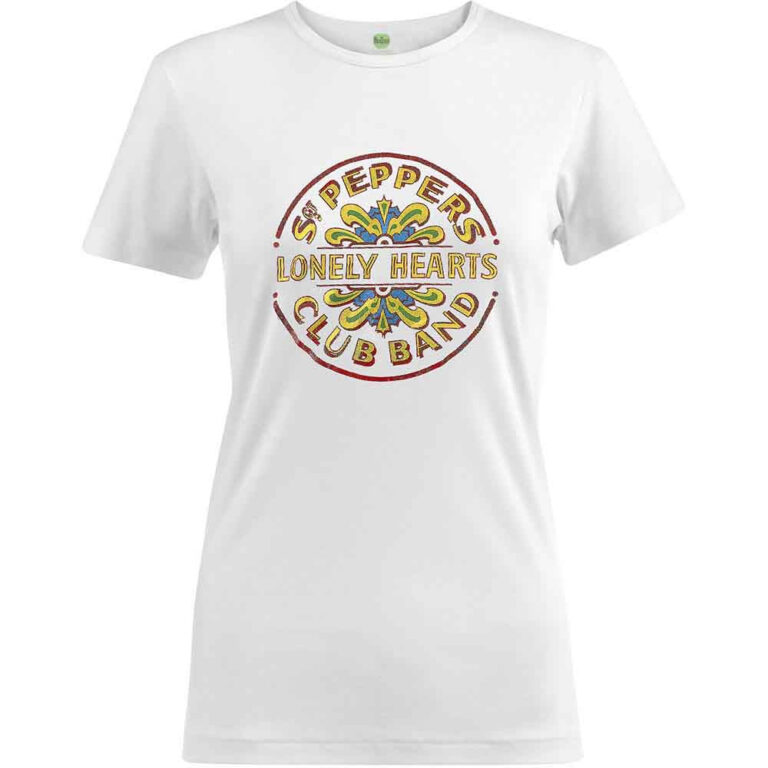 The Beatles Sgt Pepper Drum Colour Foil White Embellished Ladies T-Shirt