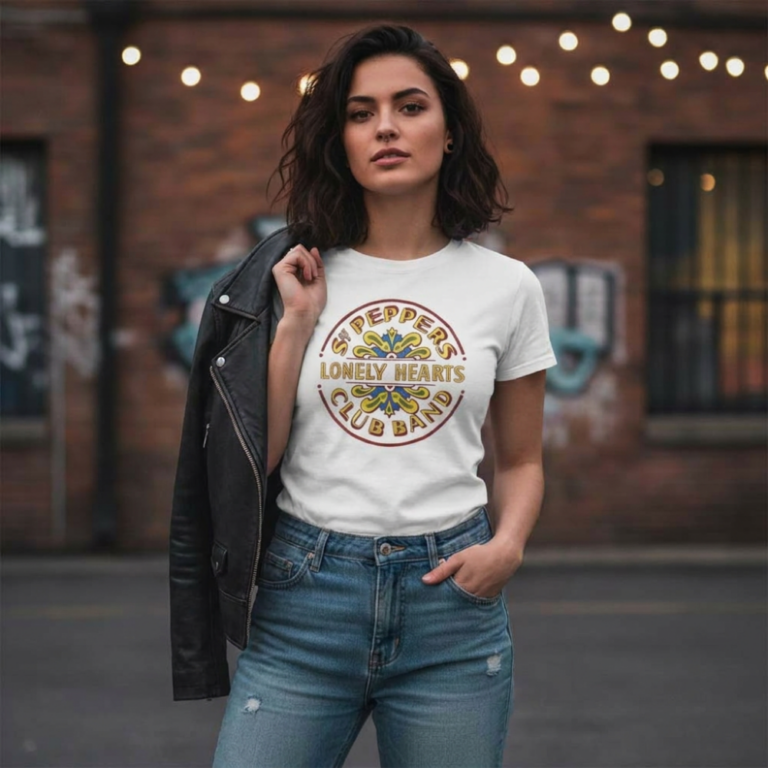 The Beatles Sgt Pepper Drum Colour Foil White Embellished Ladies T-Shirt