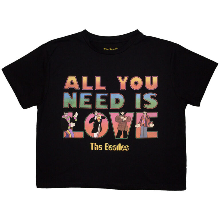 The Beatles Yellow Submarine AYNIL Stacked Black Ladies Crop Top