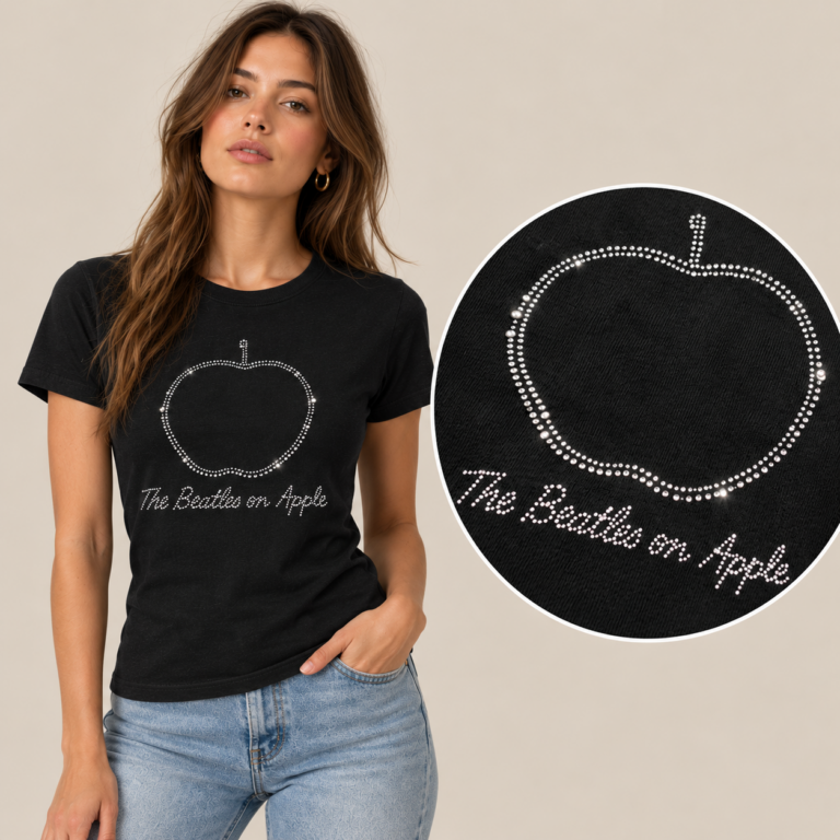 The Beatles On Apple Crystals Black Embellished Ladies T-Shirt