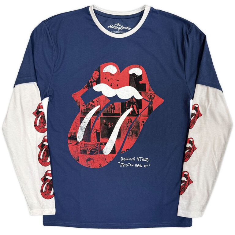 The Rolling Stones Unisex 2 In 1 Layered Long Sleeve T-Shirt: Collage Tongue Denim Blue & White Sleeve Print T-Shirt