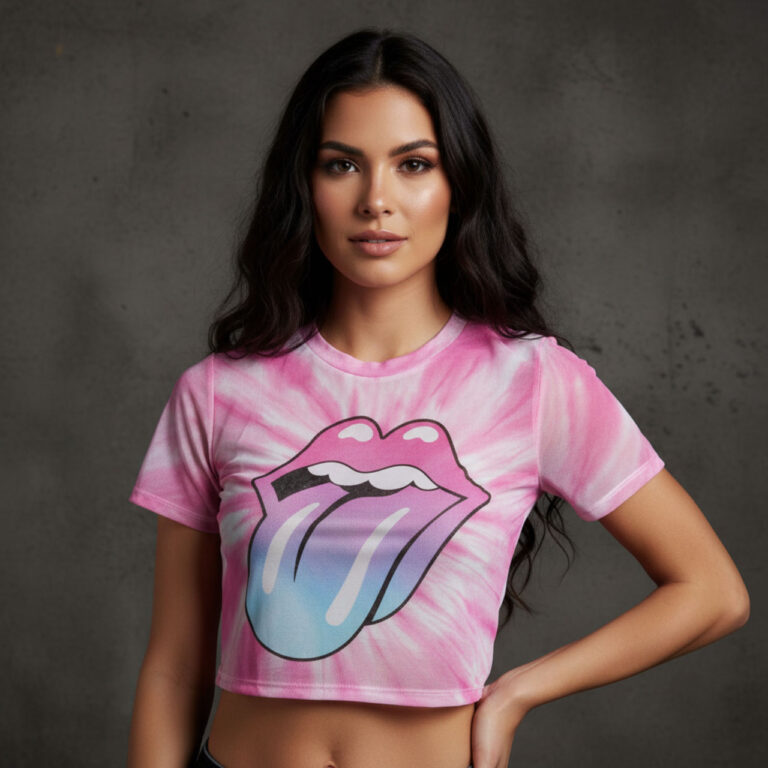 The Rolling Stones Ladies Mesh Crop Top: Pink Gradient Tongue White T-Shirt