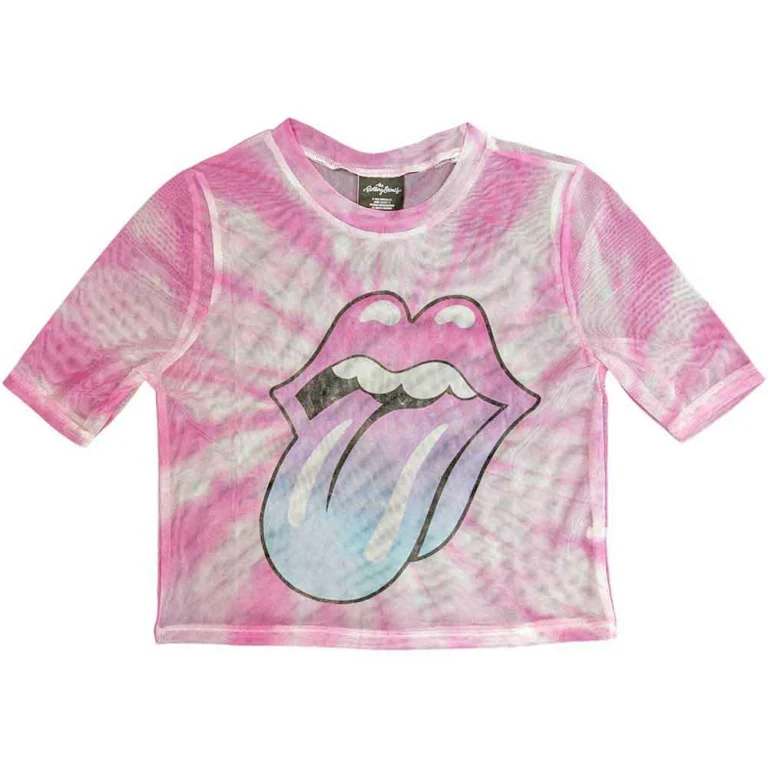 The Rolling Stones Ladies Mesh Crop Top: Pink Gradient Tongue White T-Shirt